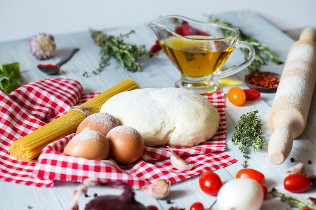 Pasta ingredients on a kitchen table