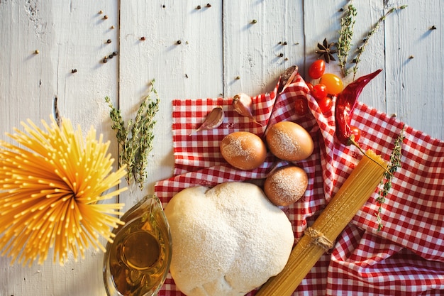 Pasta ingredients on a kitchen table