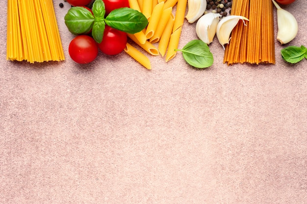 Photo pasta ingredients on light rustic background