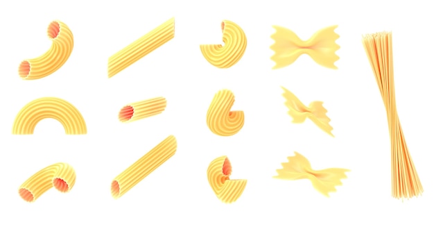 파스타와 마카로니 아이콘 세트 3d 렌더링 Mockup dry penne conchiglie chiferri farfalle 스파게티는 식품 광고를 위한 흰색 배경 디자인 요소에 격리되어 있습니다.