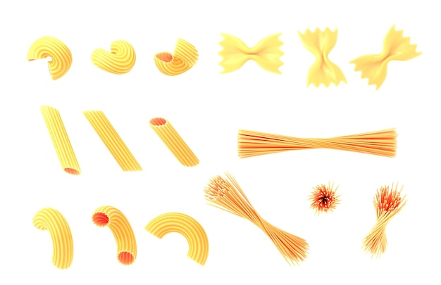 Foto set di icone di pasta e maccheroni spaghetti italiani crudi farfalle penne isolati su sfondo bianco rendering 3d vari tipi di elementi di design di tagliatelle per la pubblicità alimentare