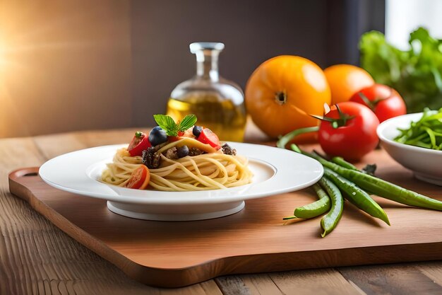 Pasta met aardbeien en olijfolie op een bord met groenten.