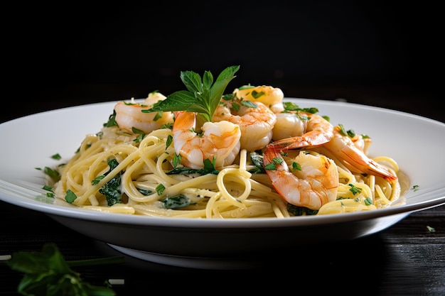 Pasta met garnalen en citroensaus geaccentueerd met verse kruiden