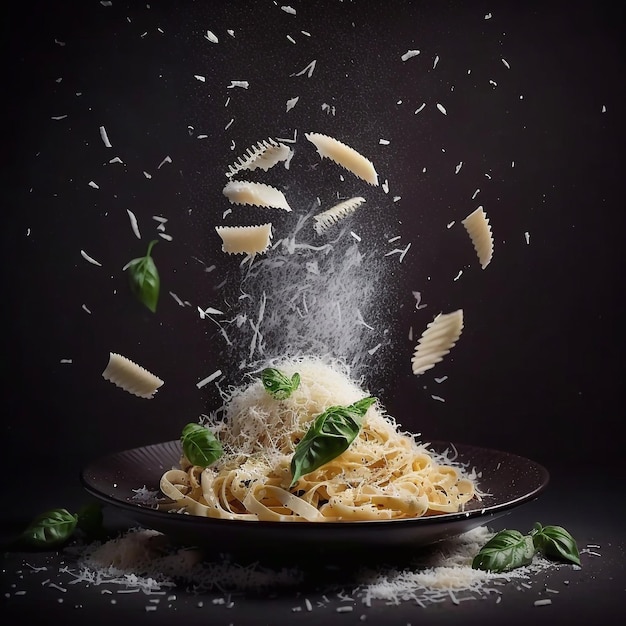 Pasta met Parmezaanse kaas en basilicum op een donkere achtergrond Generatieve AI