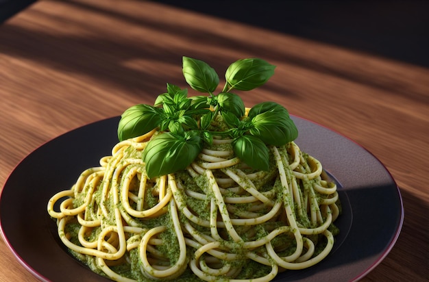 Pasta met saus in bord Smakelijke spaghetti met pesto Generatieve AI