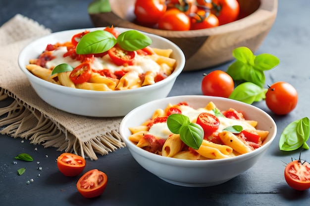pasta met tomaten en basilicum op een tafel
