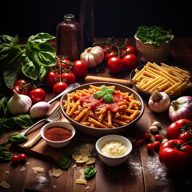 Pasta met tomatensaus en groenten op een houten tafel