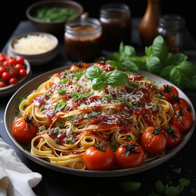 pasta_met_tomatensaus_op_een_bord_dat_op_de_witte_ligt