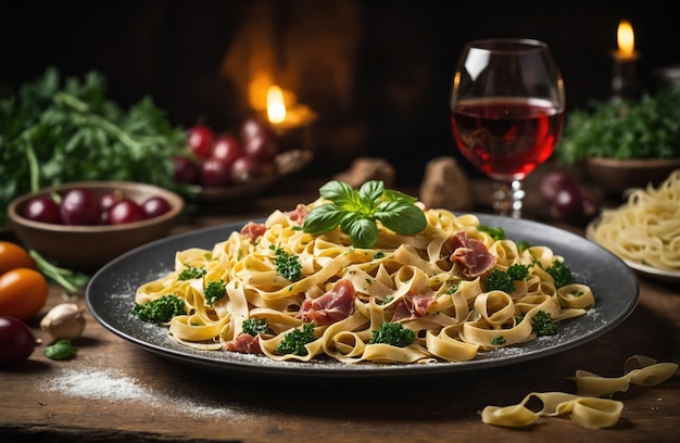 Pasta met vlees, groenten en wijn