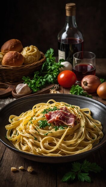 Pasta met vlees, groenten en wijn