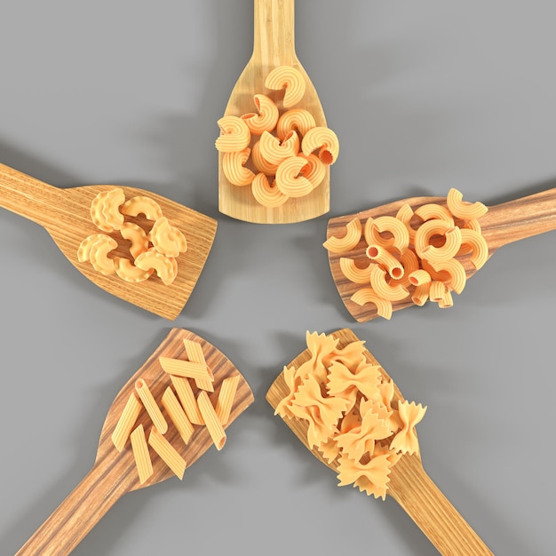 Pasta op houten spatels bovenaanzicht 3d render Macaroni van verschillende soorten ongekookte penne-elleboog en fusilli Italiaans eten poster mockup met noedels en keukengerei op grijze tafel