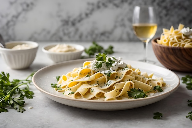 Pasta pappardelle with cream sauce and parsley in white plate on stone background Italian cuisine