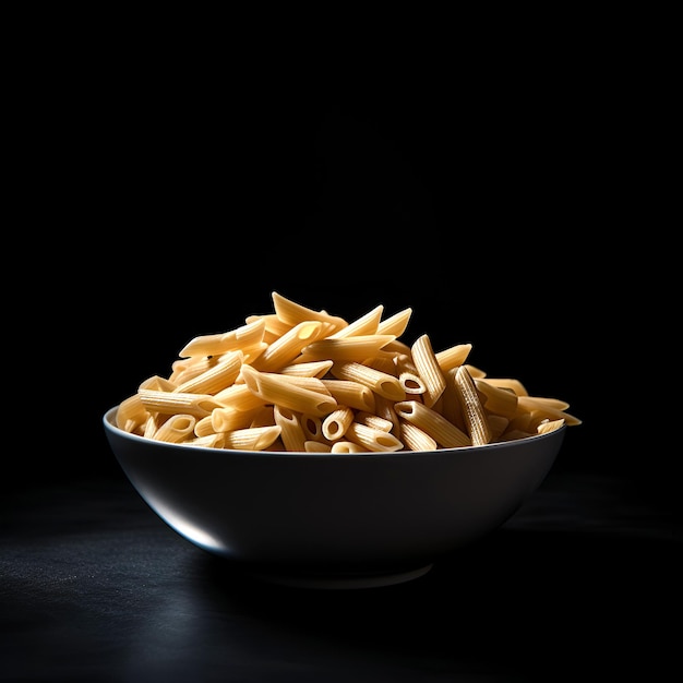 Pasta penne in a black bowl on black bakground AI generated