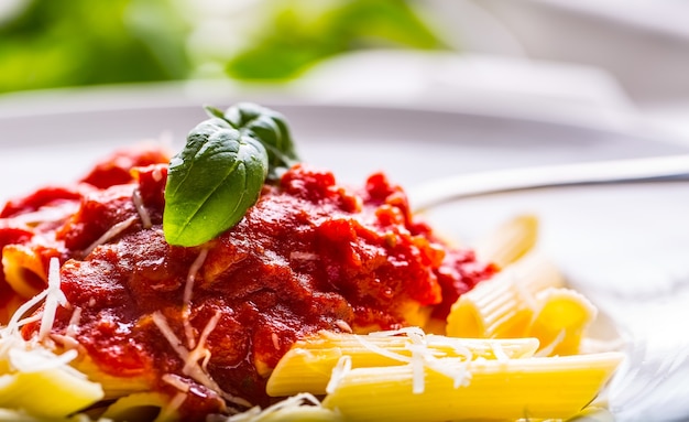 Pasta Penne met Tomaten Bolognesesaus, Parmezaanse Kaas en Basilicum. Mediterrane gerechten. Italiaanse keuken.