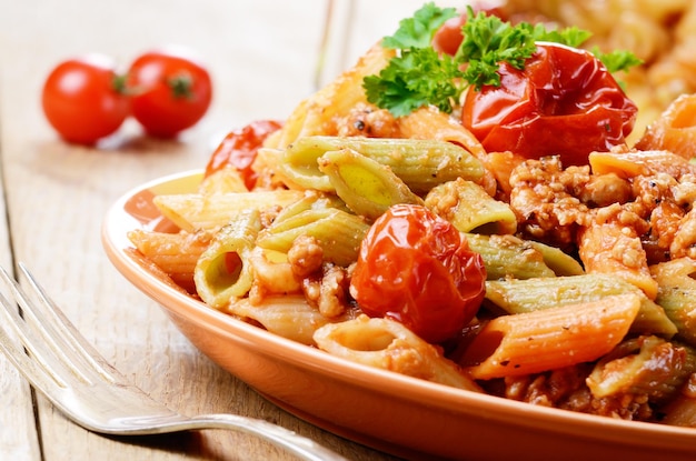 Pasta penne with bolognese tomato beef sauce on the kitchen table