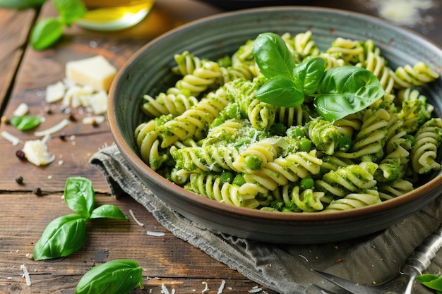 Pasta pesto and pea sauce served in bowl