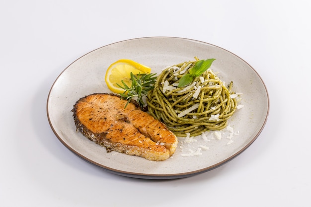 Pasta Pesto with Seared Salmon