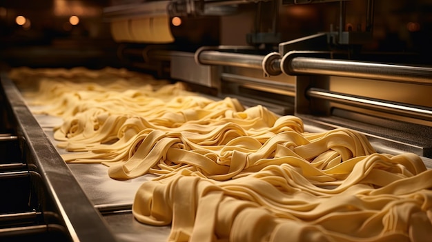 Pasta production rolling out dough and slicing noodles