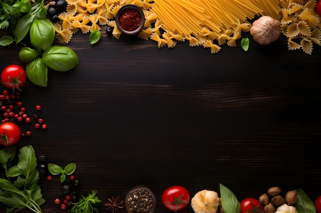 Pasta rond het zwarte bord bovenaanzicht kopie ruimte achtergrond Banner ontwerp