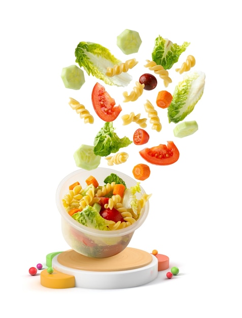 Pasta salad falling into a plastic container isolated from the background with geometric shapes