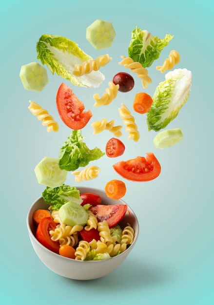 Pasta salad flying in bold