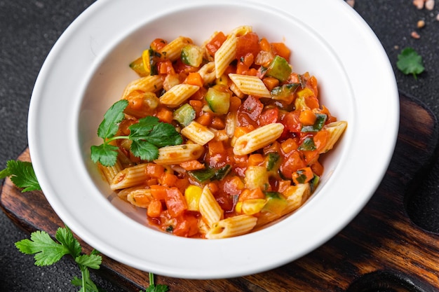 pasta salad tomato cucumber corn fresh vegetable penne pasta meal food snack on the table