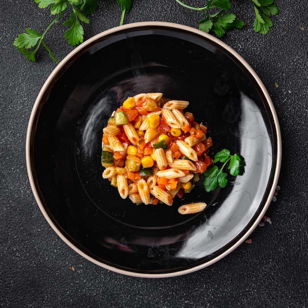 pasta salad tomato, cucumber, corn, vegetables healthy meal food snack on the table copy space