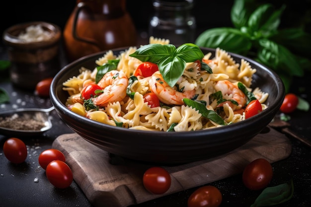 Pasta salad with shrimps cherry tomatoes and basil for summer lunch