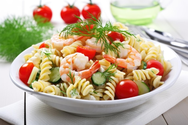 Pasta salad with shrimps cherry tomatoes and dill dressing