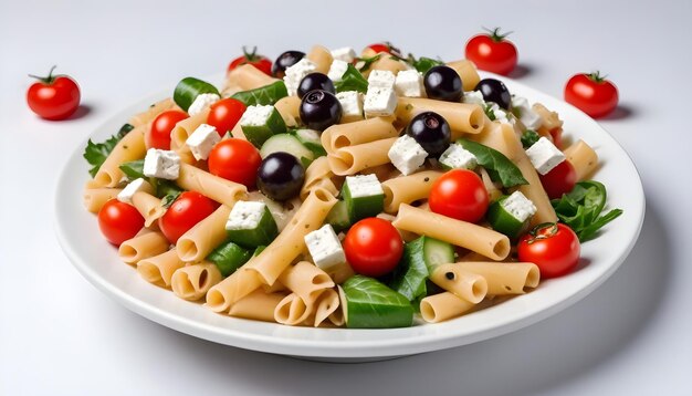 Pasta salad with tomatoarugula cucumber peppershot peppers black and green olives and cheese feta