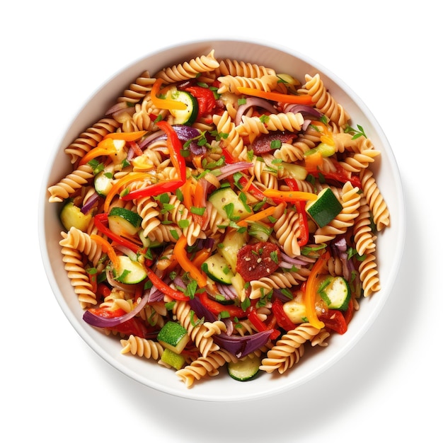 Pasta salad with vegetables in bow or plate top view on white background