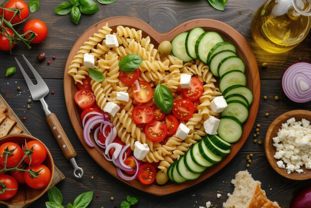 Pasta in the shape heart salad with tomatoes cucumbers olives mozzarella and red onion Greek style