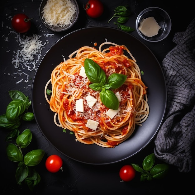 회색 배경에 흰색 접시에 파스타 스파게티 볼로네제 볼로네제 소스는 고전적인 이탈리아식입니다.