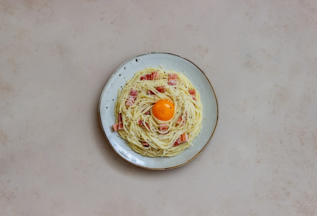Pasta spaghetti carbonara with egg.