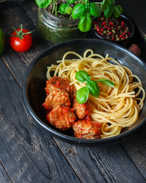 Pasta spaghetti meatballs and tomato sauce