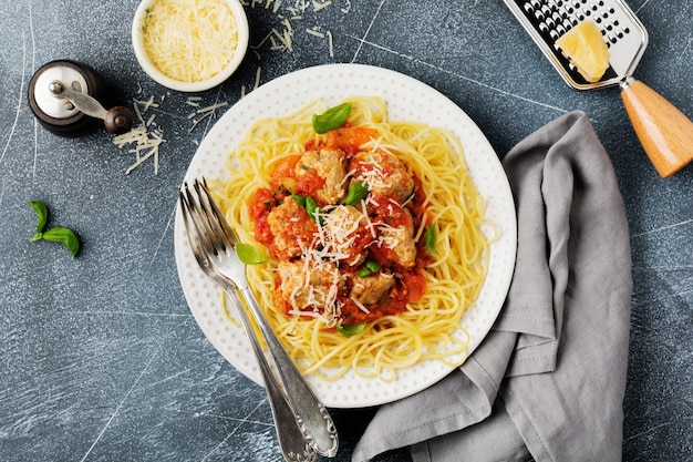 Pasta spaghetti with tomato sauce, parmesan cheese