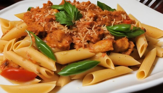 Foto pasta in salsa di pomodoro con pollo e pomodori su un tavolo di legno