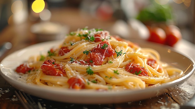 Foto pasta in salsa di pomodoro con pollo e pomodori su un tavolo di legno