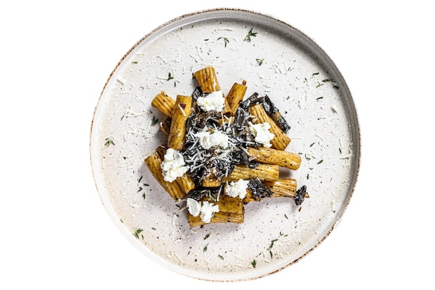 Pasta tortiglioni with black truffle and Boletus edulis white mushroom Isolated on white background