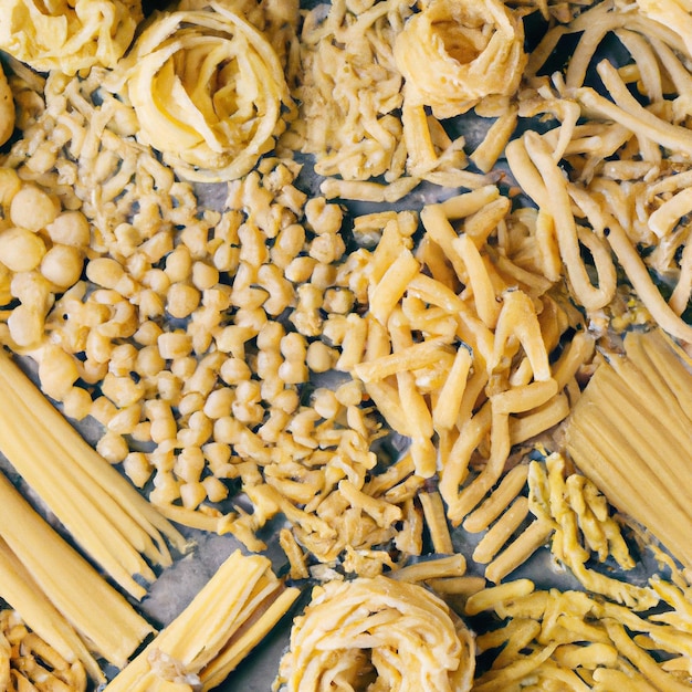 Pasta Various kinds of uncooked pasta and noodles over stone background top view with copy space for text Italian food culinary concept Collection of different raw pasta on cooking table