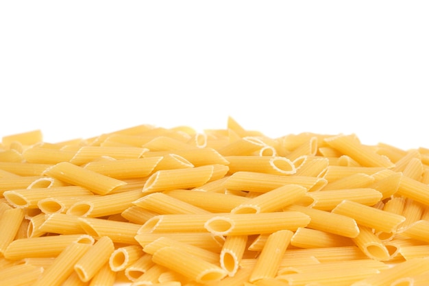 Pasta on white background, food is flour products.