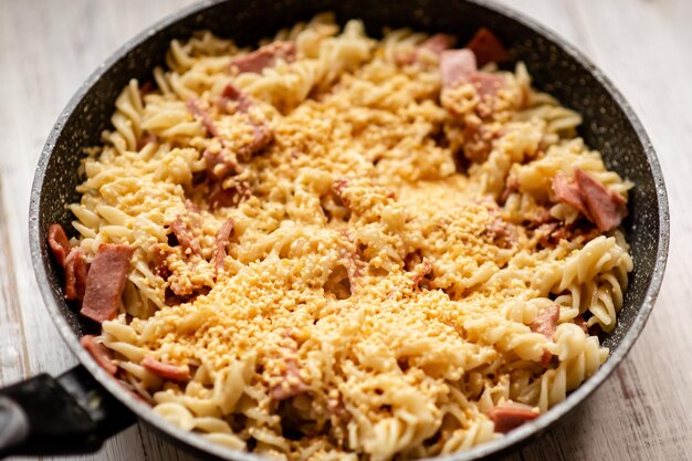 Pasta with bacon and cheese with a creamy sauce