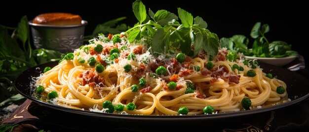 Pasta with bacon pieces and herbs generated by AI