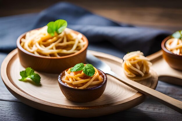 Foto pasta al basilico su un piatto di legno con un cucchiaio.