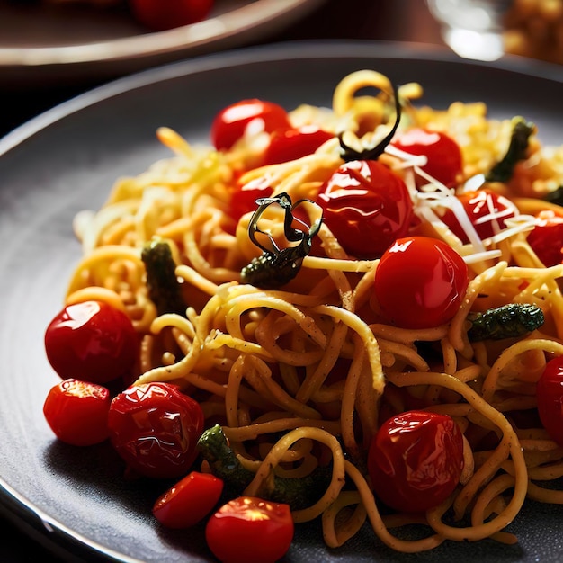 Pasta with cherry tomatoes and fried broccoli sprouts on a plate