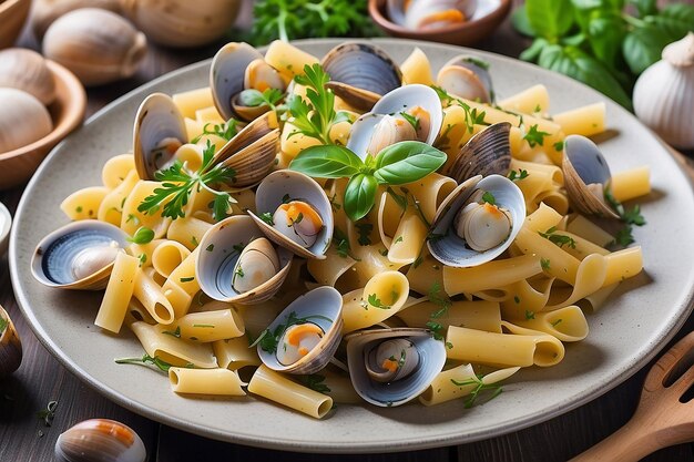 Foto pasta con vongole e erbe da vicino