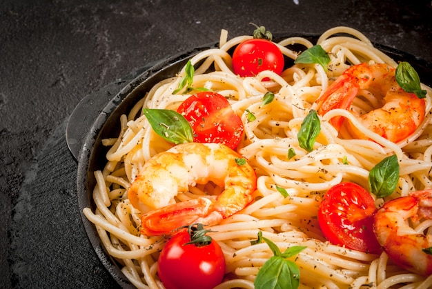 Pasta with grilled prawns shrimps