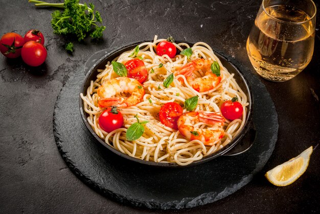 Pasta with grilled prawns shrimps