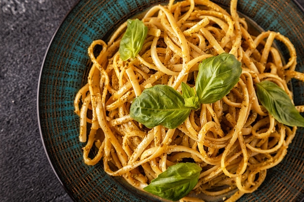 Pasta with homemade pesto sauce