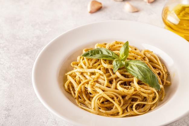 Pasta with homemade pesto sauce